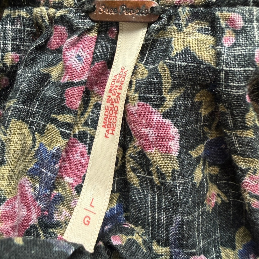 Free People‎ Meant To Be Floral Black Pink Women Large Puffy Sleeve Boho Top - Picture 8 of 9